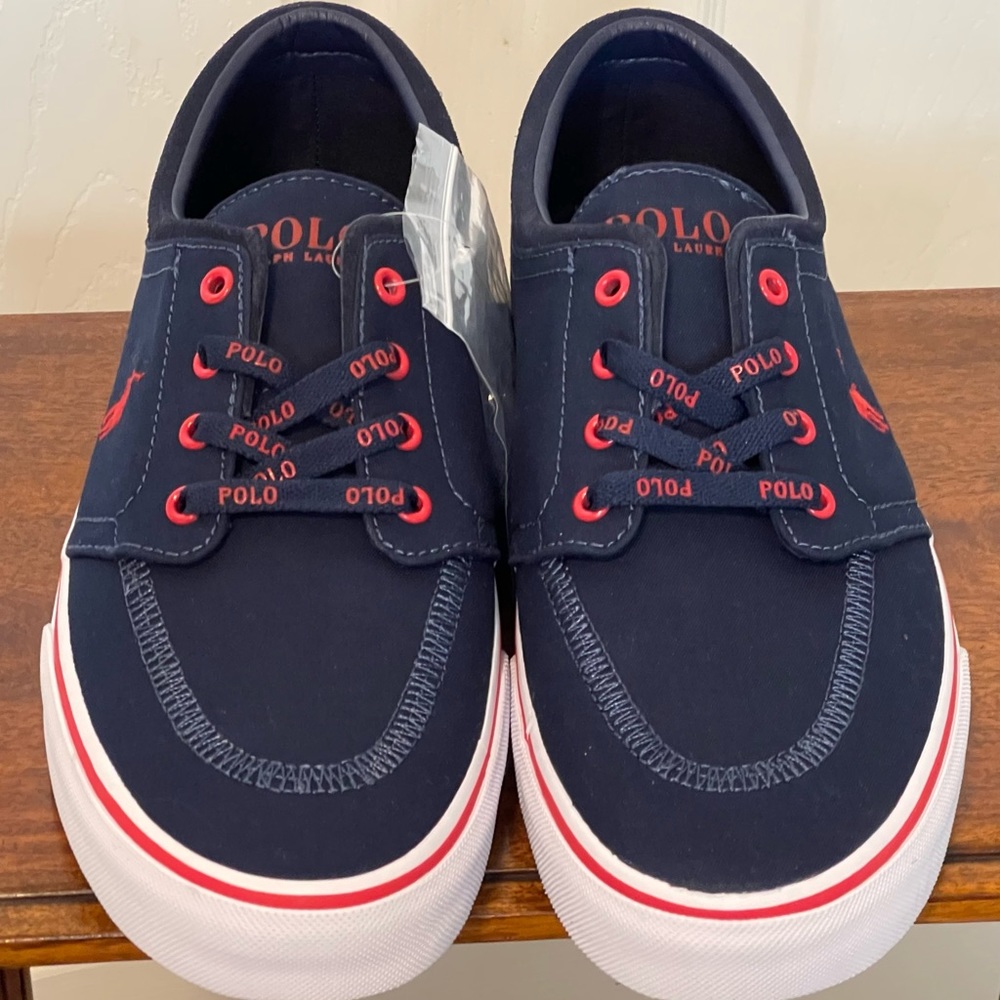 Polo Ralph Lauren Faxon X Low Canvas BoatShoes Sneaker Navy Red Men Size 8 NEW - Picture 4 of 9
